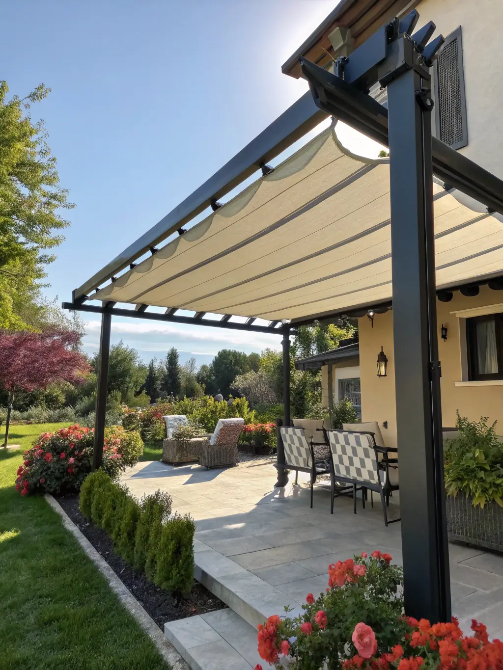 A stylish pergola with climbing plants, creating a perfect outdoor retreat, demonstrating GeorgianDeck.com's outdoor structure services.