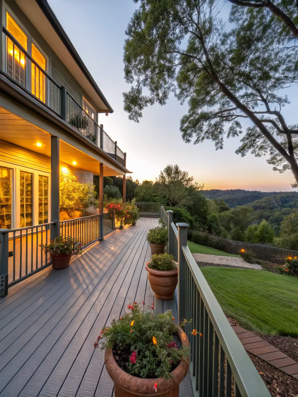 A high-angle, sunlit photograph of a newly constructed, multi-level wood deck in a Toronto backyard, showcasing the natural wood grain and expert craftsmanship by GeorgianDeck.com.