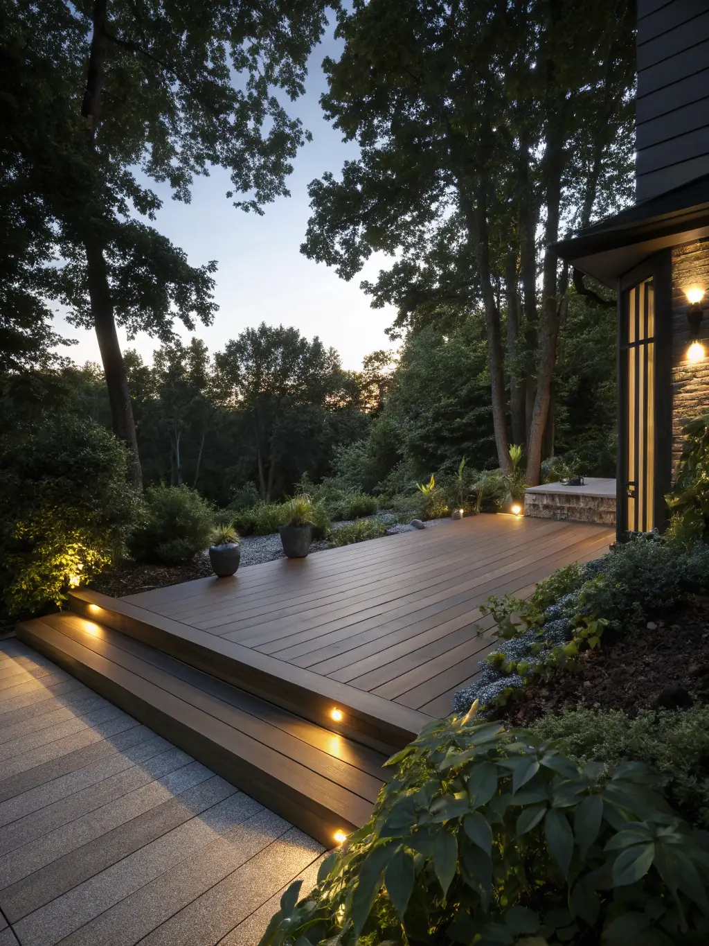 A close-up shot of a modern composite deck in a Mississauga backyard, highlighting the texture and color variations of the composite material, installed by GeorgianDeck.com.