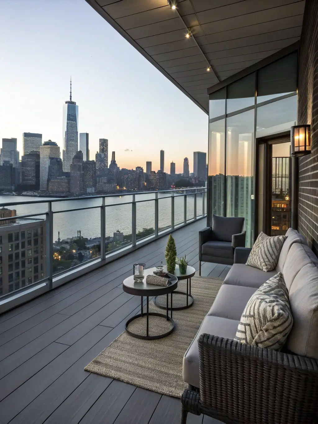A sleek composite deck with modern railings and integrated lighting, perfect for evening gatherings, representing GeorgianDeck.com's composite deck service.
