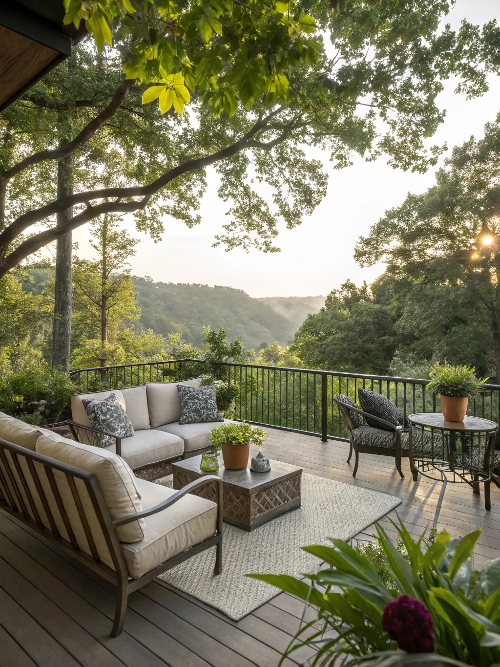 A beautifully constructed wooden deck with modern outdoor furniture, set in a lush backyard, showcasing GeorgianDeck.com's custom wood deck service.