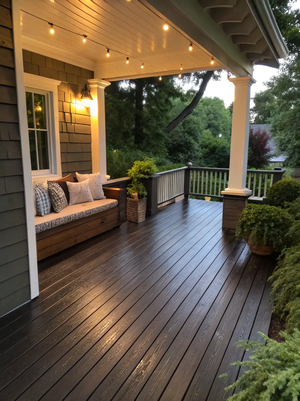 A charming front porch with decorative railings and cozy seating, illustrating GeorgianDeck.com's porch and railing services.